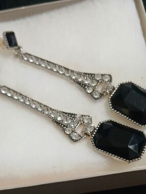 Elegant Black Crystal Drop Earrings with Clear Accents